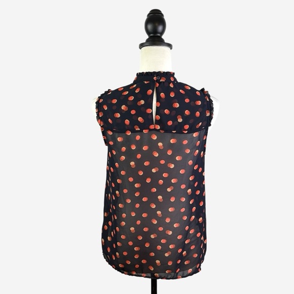 Maeve Anthropologie High Neck Sheer Polka Dot Ruffle Blouse Size 2 Navy Orange - Picture 4 of 10
